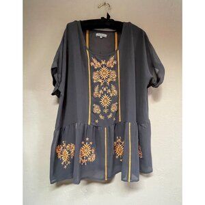 World Market Women's Size Large XL Embroidered Peplum Blouse Sheer Top Gray